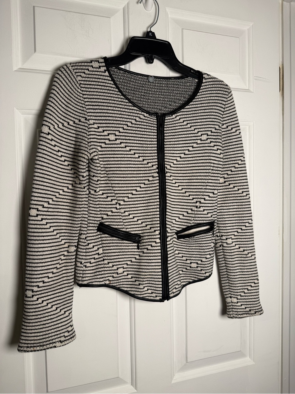 Margaret O'Leary Double Knit Black White Geometric Full Zip Sweater Jacket Small